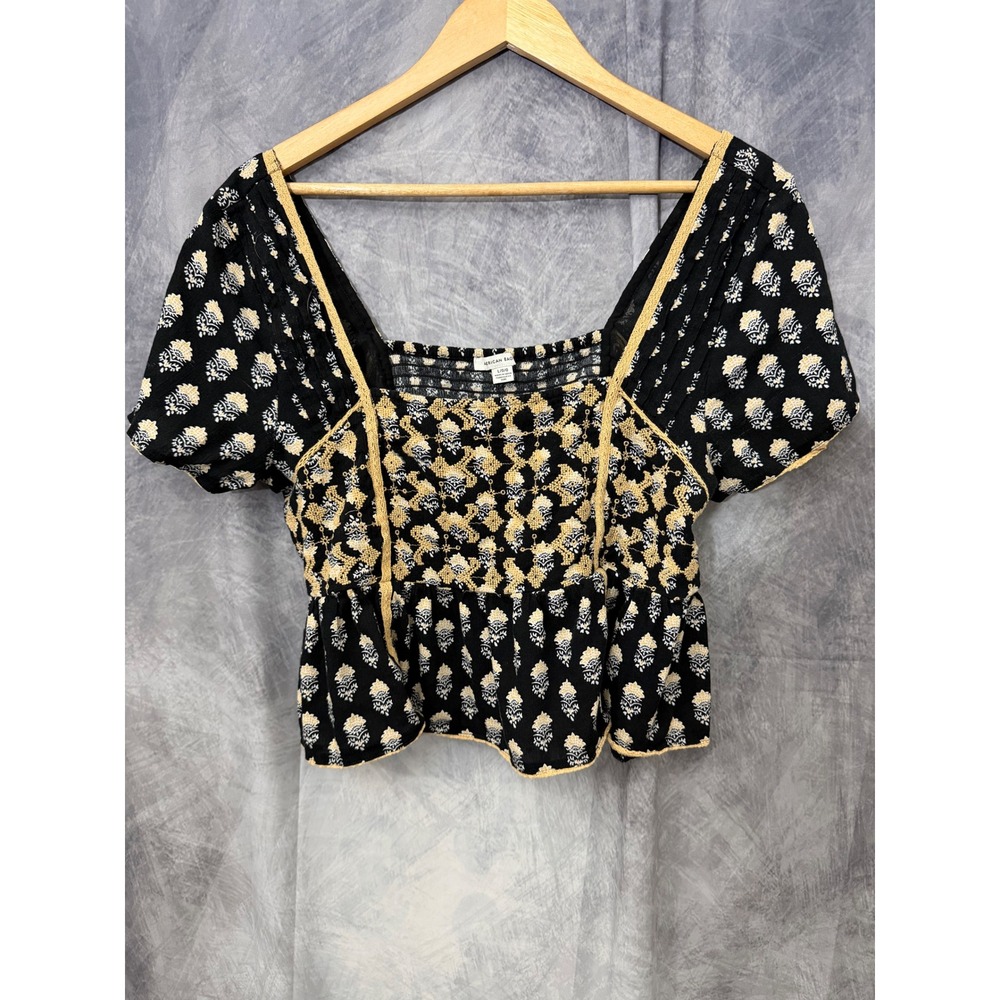 American Eagle Floral Crop Top Black Tan Square Neck Smocked Cottage Core Size L